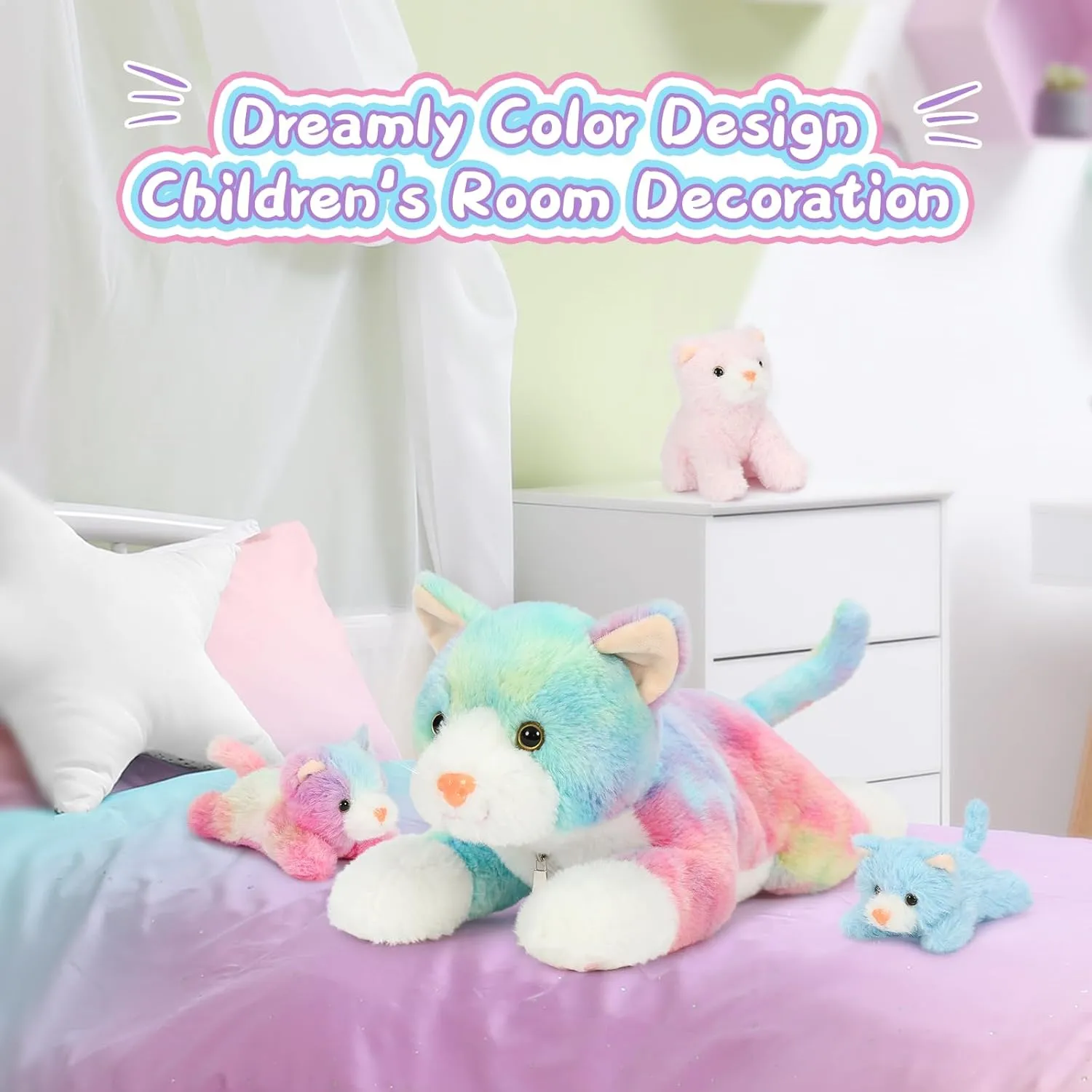 Muiteiur 4 Piece Cats Stuffed Animals, 15.7 inch Mom Plush Cat with 3 Kittens Stuffed in Zipper Pouch, Cute Rainbow Mom and Baby Stuffed Kitten for Kids Girls Boys Gift for Birthday