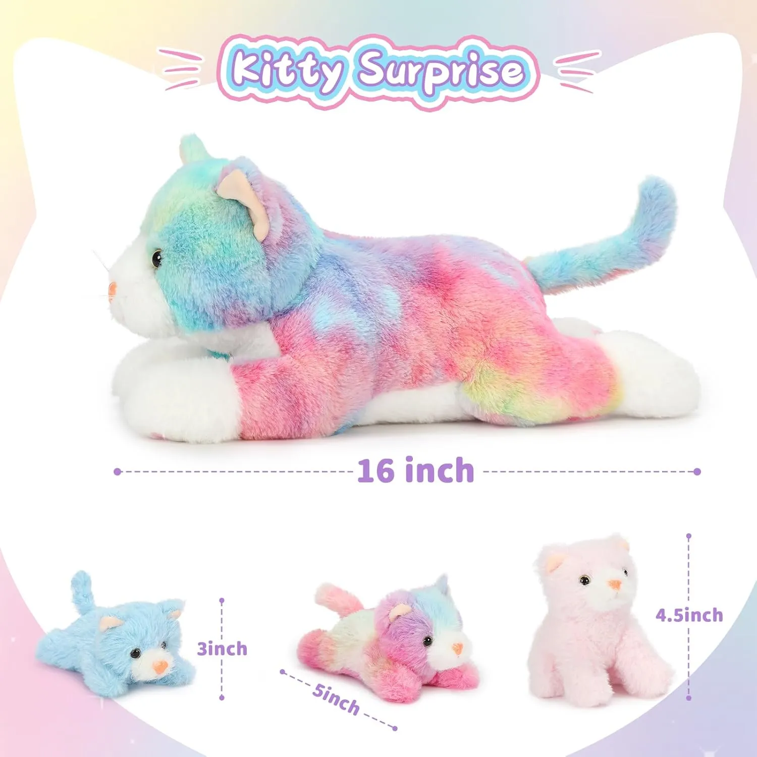 Muiteiur 4 Piece Cats Stuffed Animals, 15.7 inch Mom Plush Cat with 3 Kittens Stuffed in Zipper Pouch, Cute Rainbow Mom and Baby Stuffed Kitten for Kids Girls Boys Gift for Birthday