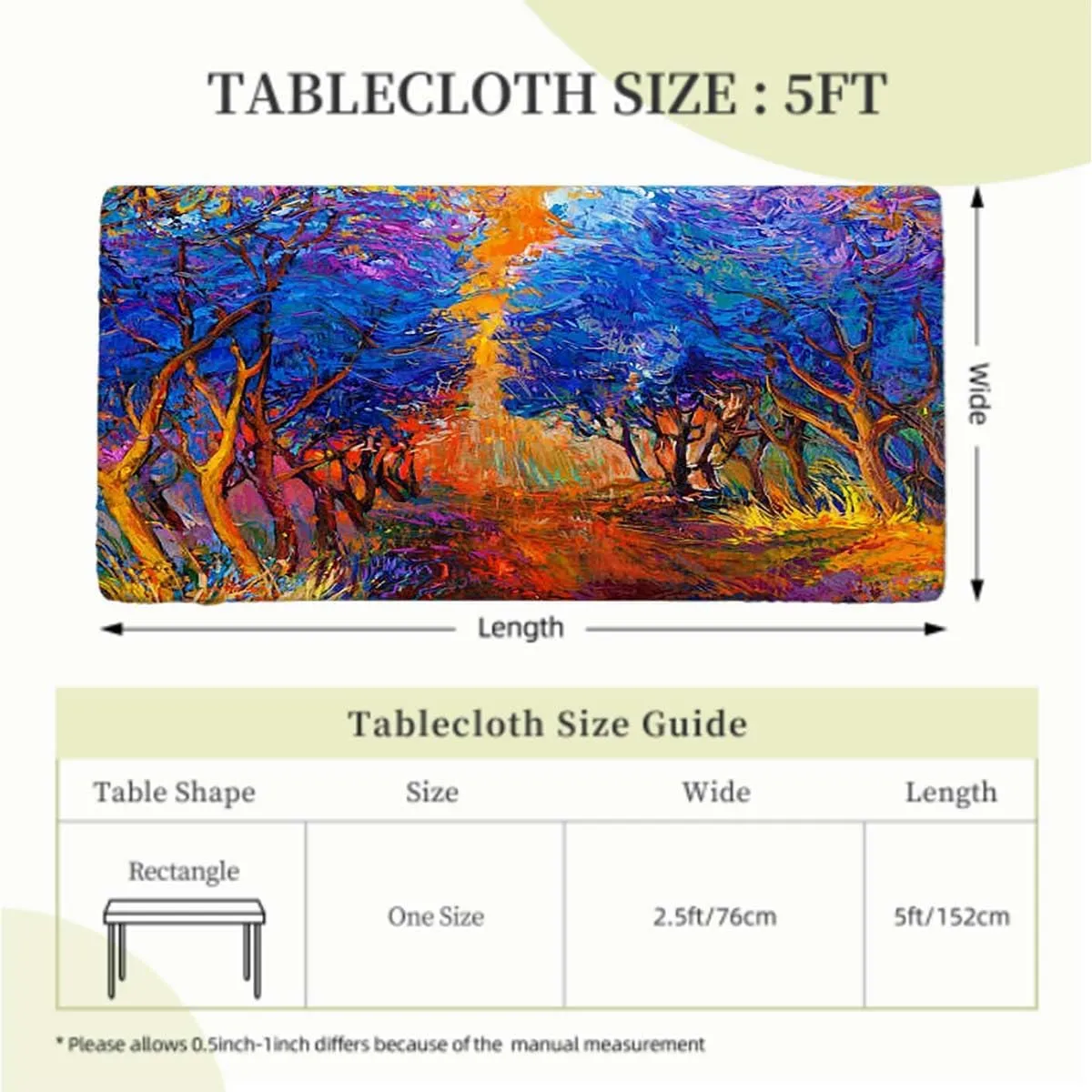Multi Rectangle Tablecloth, Park in Fall Arts Trees in The Nature Waterproof Tablecloths for Picnic, Camping, Indoor, Outdoor Colorful Fairy Fits up 5 Foot Tables