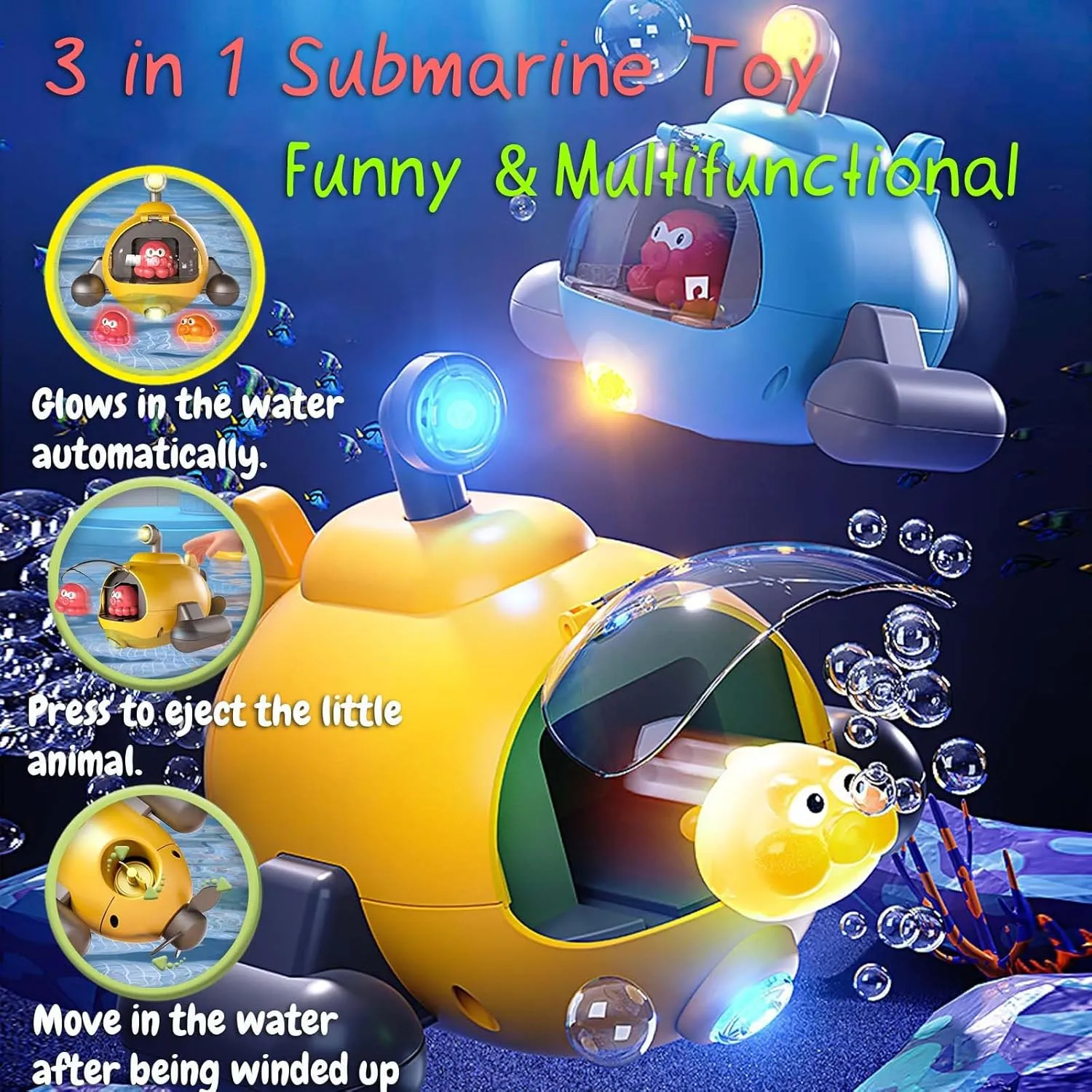 Multifunctional Submarine Bath Toy, 3 in 1 Wind-up Submarine | Moves in Water | Ejects Little Animal | Glows in Dark Automatically (Blue)