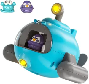 Multifunctional Submarine Bath Toy, 3 in 1 Wind-up Submarine | Moves in Water | Ejects Little Animal | Glows in Dark Automatically (Blue)