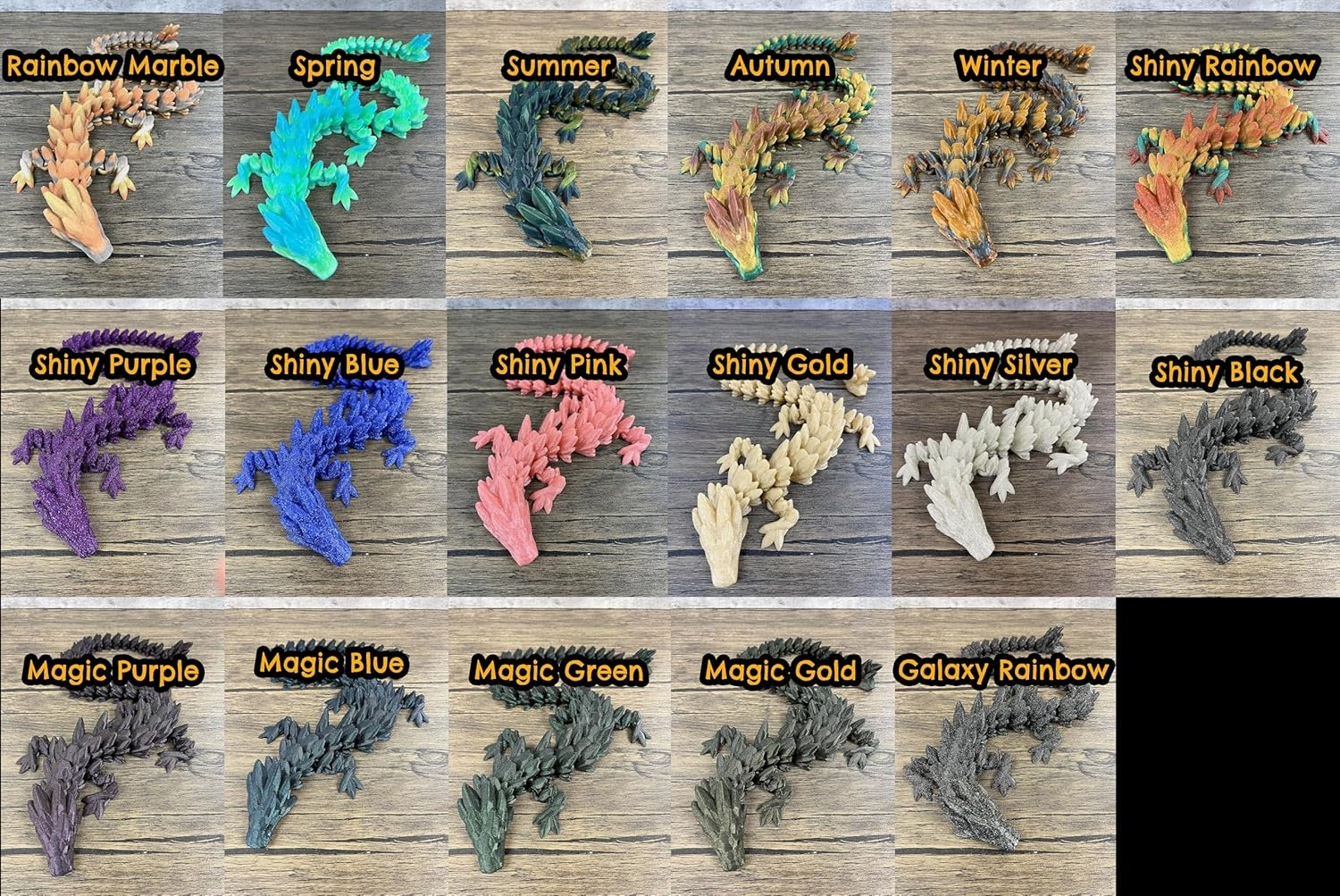 Munnygrubbers - Small 12" Crystal Dragon Fidget Toy - No Surprise Egg - Heavy Duty - 3D Printed Flexible Articulating Plastic Collectible Figurine - (Random Color 4 Pack - Dragon Only)