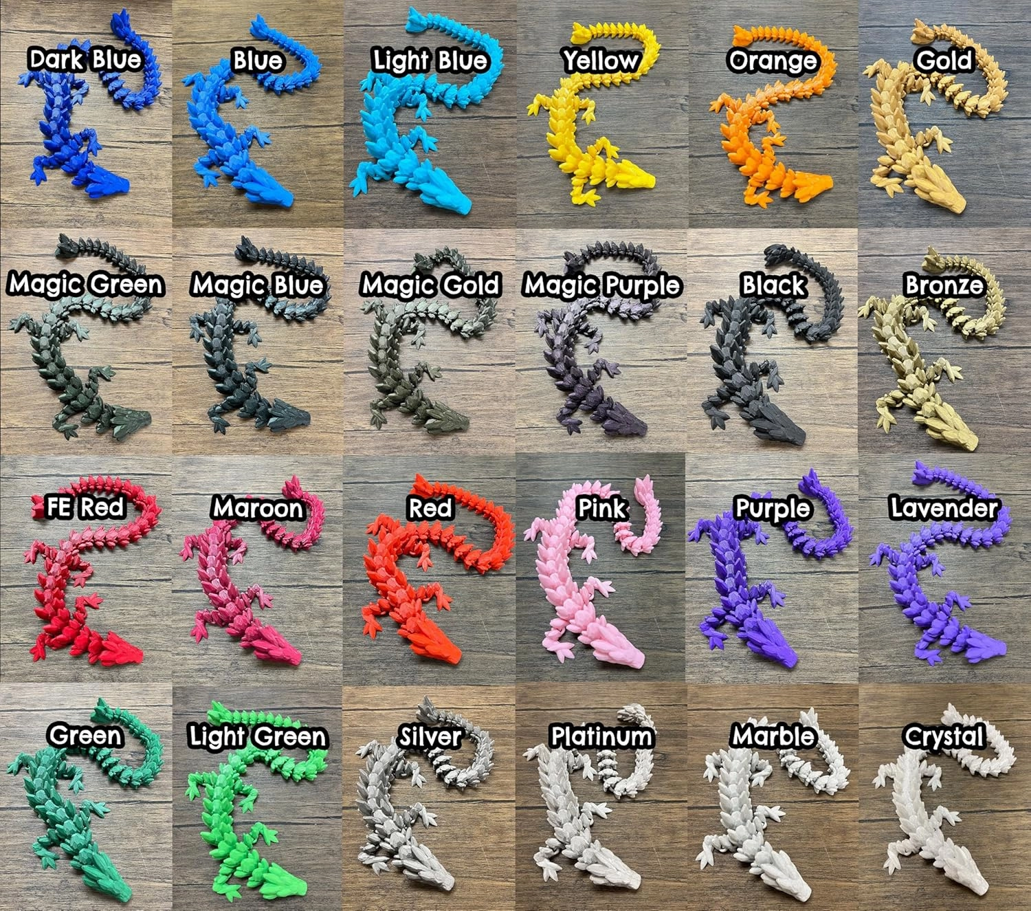 Munnygrubbers - Small 12" Crystal Dragon Fidget Toy - No Surprise Egg - Heavy Duty - 3D Printed Flexible Articulating Plastic Collectible Figurine - (Random Color 4 Pack - Dragon Only)