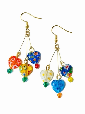 Murano Style Glass Earrings, Colorful Heart Shape Millefiori Beads Drop Dangle Earrings, 18k Gold Plated Multicolor Glass Jewelry, Trendy Gifts for Women Girls
