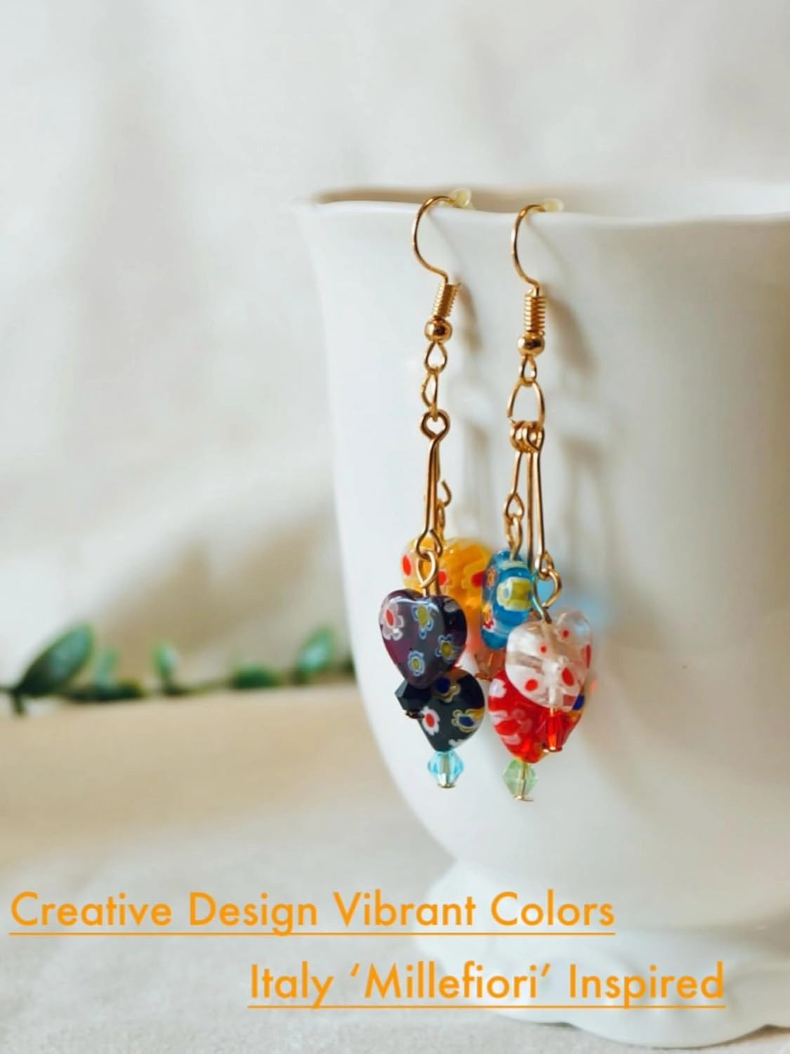 Murano Style Glass Earrings, Colorful Heart Shape Millefiori Beads Drop Dangle Earrings, 18k Gold Plated Multicolor Glass Jewelry, Trendy Gifts for Women Girls