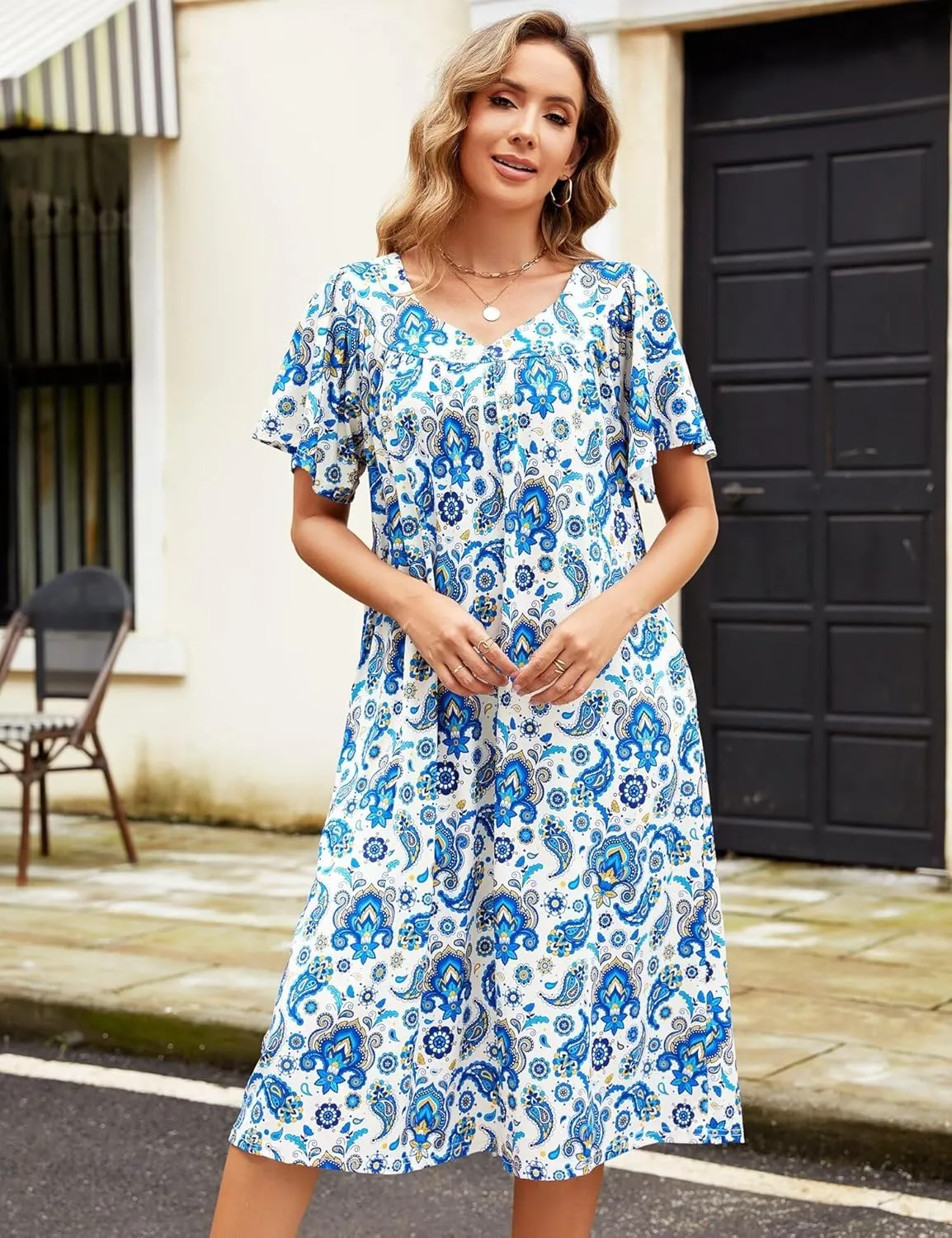 Muumuu House Dresses for Women Nightgown Duster Moomoo Short Sleeve Patio Dress with Pockets S-3XL
