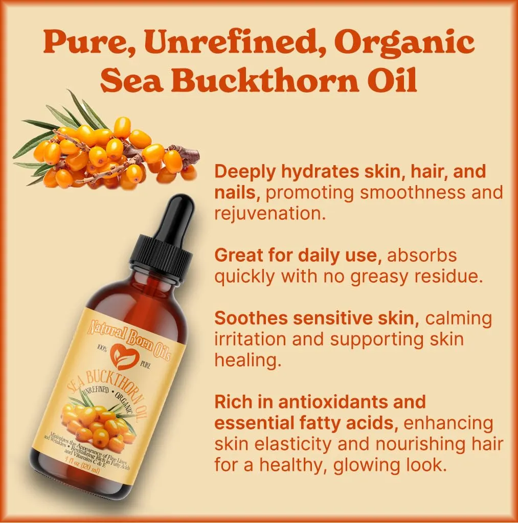 Natural Born Oils 4oz Sea Buckthorn Oil, 100% Pure and Natural, Organic, Cold-pressed, Unrefined, Revitalizing, Includes Pump & Dropper