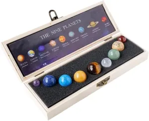 Natural Crystal Ball Nine Planets Wooden Box Set Solar System Planet Display with Crystal Ore Specimens