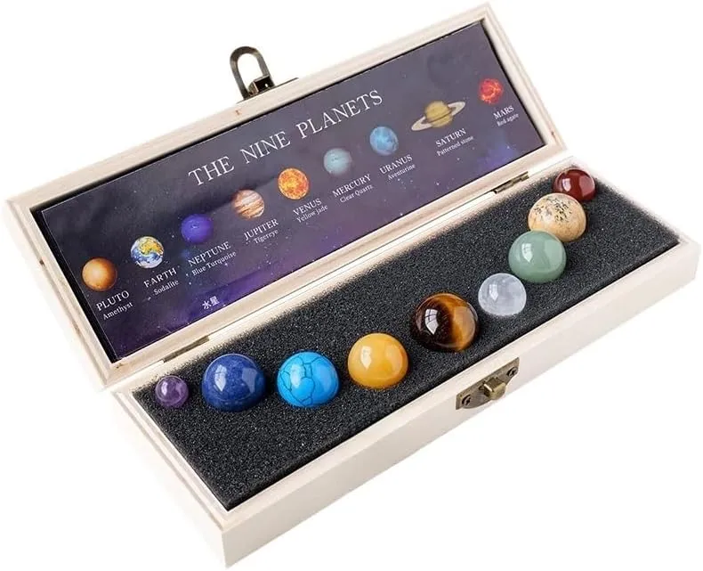 Natural Crystal Ball Nine Planets Wooden Box Set Solar System Planet Display with Crystal Ore Specimens