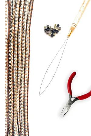 Natural Hair Feathers Kit, Feather Hair Extensions - Real Rooster Feathers, Long Natural Colors, Pliers, Beads, and a loop tool DIY Set browns and neutrals