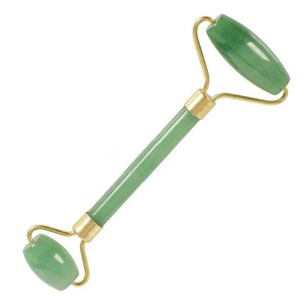 Natural Jade Roller Natural Rose Crystal Double-end Face Eye Massage Anti Aging Guasha Massager Facial Slimming Tool (green jade Straight)