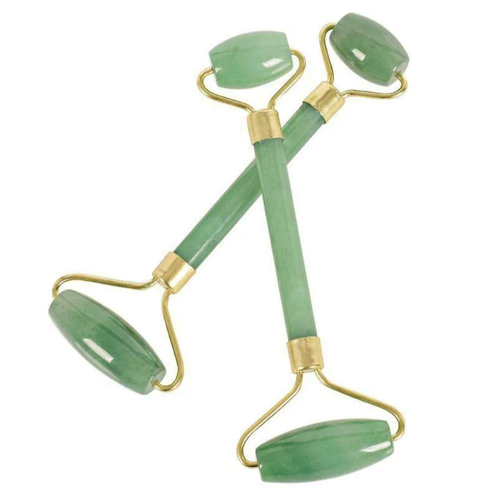 Natural Jade Roller Natural Rose Crystal Double-end Face Eye Massage Anti Aging Guasha Massager Facial Slimming Tool (green jade Straight)