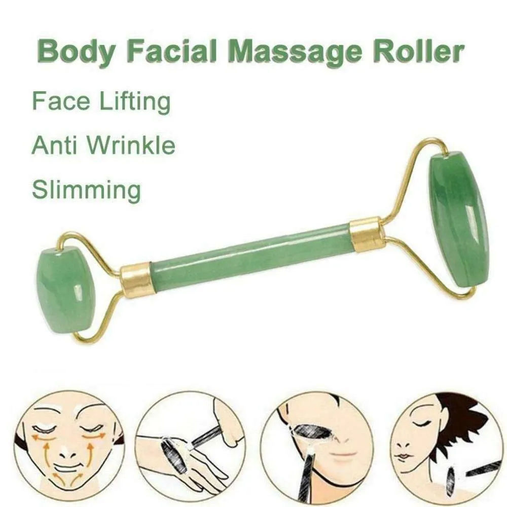 Natural Jade Roller Natural Rose Crystal Double-end Face Eye Massage Anti Aging Guasha Massager Facial Slimming Tool (green jade Straight)