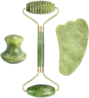 Natural Jade Stone Facial Massage Roller Gua Sha Board 3 Pcs/Set Gouache Scraper for Face Body Massager Beauty Skin Care Tools,A