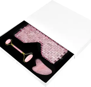 Natural Rose Quartz Eye Mask Kit Jade Stone Roller Gua Sha Massage Tool Facial Massager Set,3 in 1-Ci with Box-A