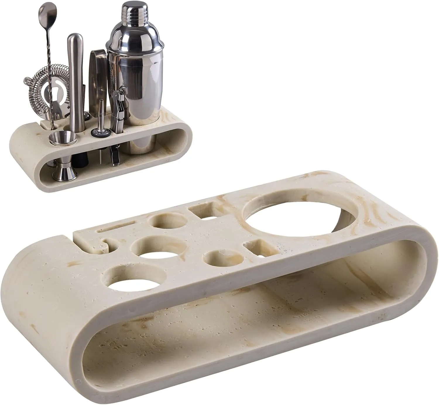 Natural Travertine Textures Beige 9-Piece Bar Tool Holder Stand for Bartender Kit Storage Display (Bar Tools are Not Included), Resin Cocktail Shaker Set Holder, Free Standing Bartender Tool Holder