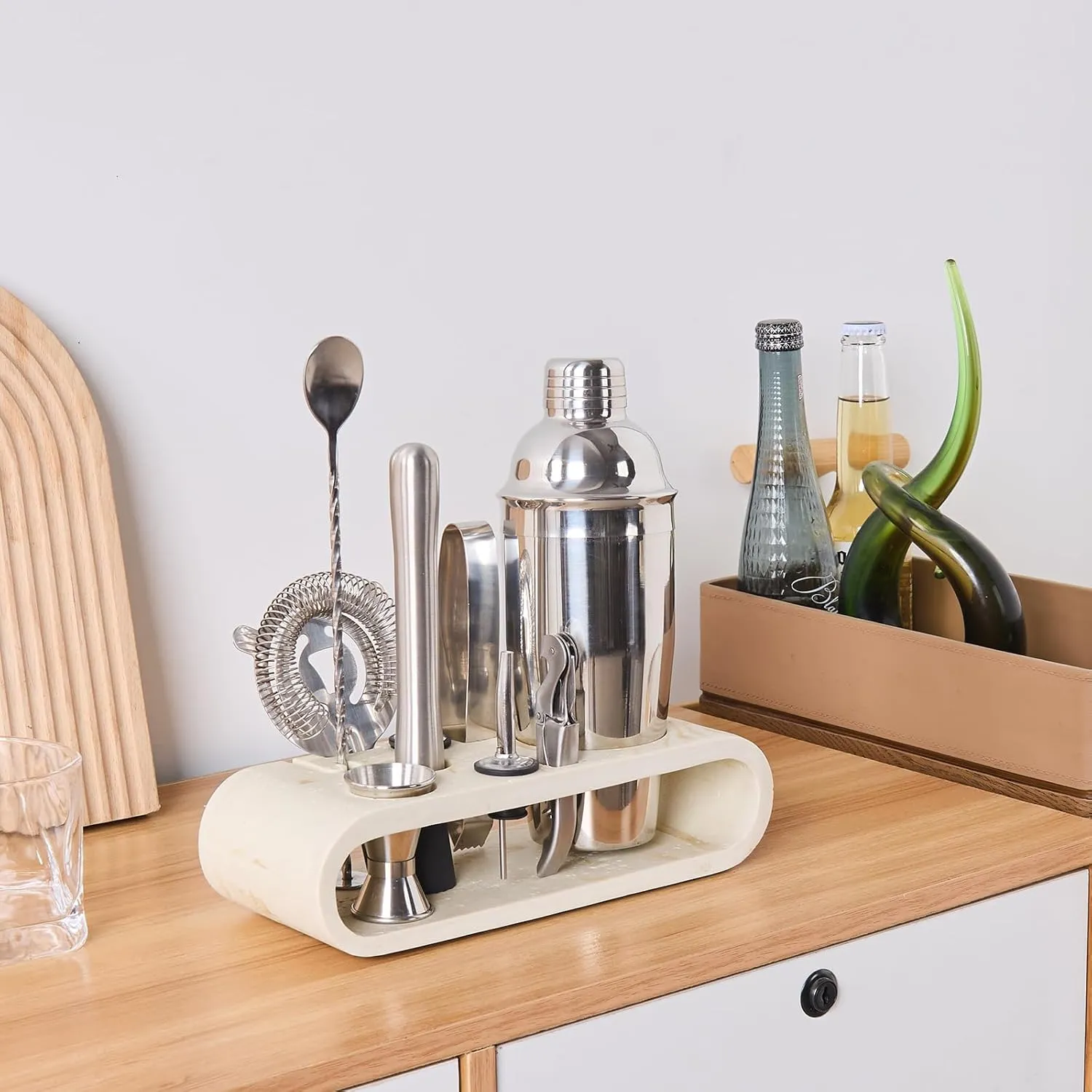 Natural Travertine Textures Beige 9-Piece Bar Tool Holder Stand for Bartender Kit Storage Display (Bar Tools are Not Included), Resin Cocktail Shaker Set Holder, Free Standing Bartender Tool Holder