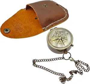 nauticalshoppee Vintage Brass Pocket Compass with Chain and Case – Antique Nautical Navigation Instrument for Hiking, Camping, Travel, Survival – Ideal Gift