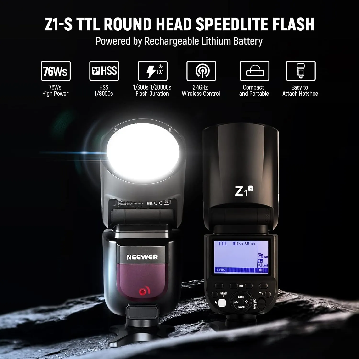 NEEWER Z1-S TTL Round Head Flash Speedlite for Sony DSLR Cameras, 76Ws 2.4G 1/8000s HSS Speedlight, 10 Levels LED Modeling Lamp, 2600mAh Lithium Battery, 480 Full Power Shots, Recycle in 1.5s Flash