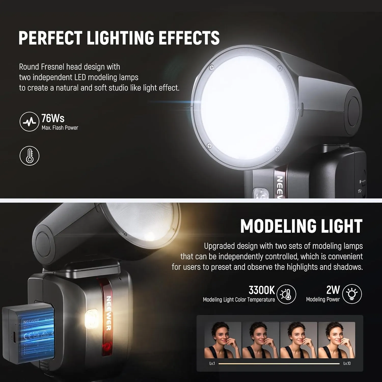 NEEWER Z2-C 2.4G TTL Round Head Flash Speedlite Compatible with Canon, 76Ws 1/8000s HSS Flash with Upgraded UI, 2 Modeling Lamps, TTL/M Quick TCM Switch, 7.2V/3000mAh Battery, 600 Full Power Flash