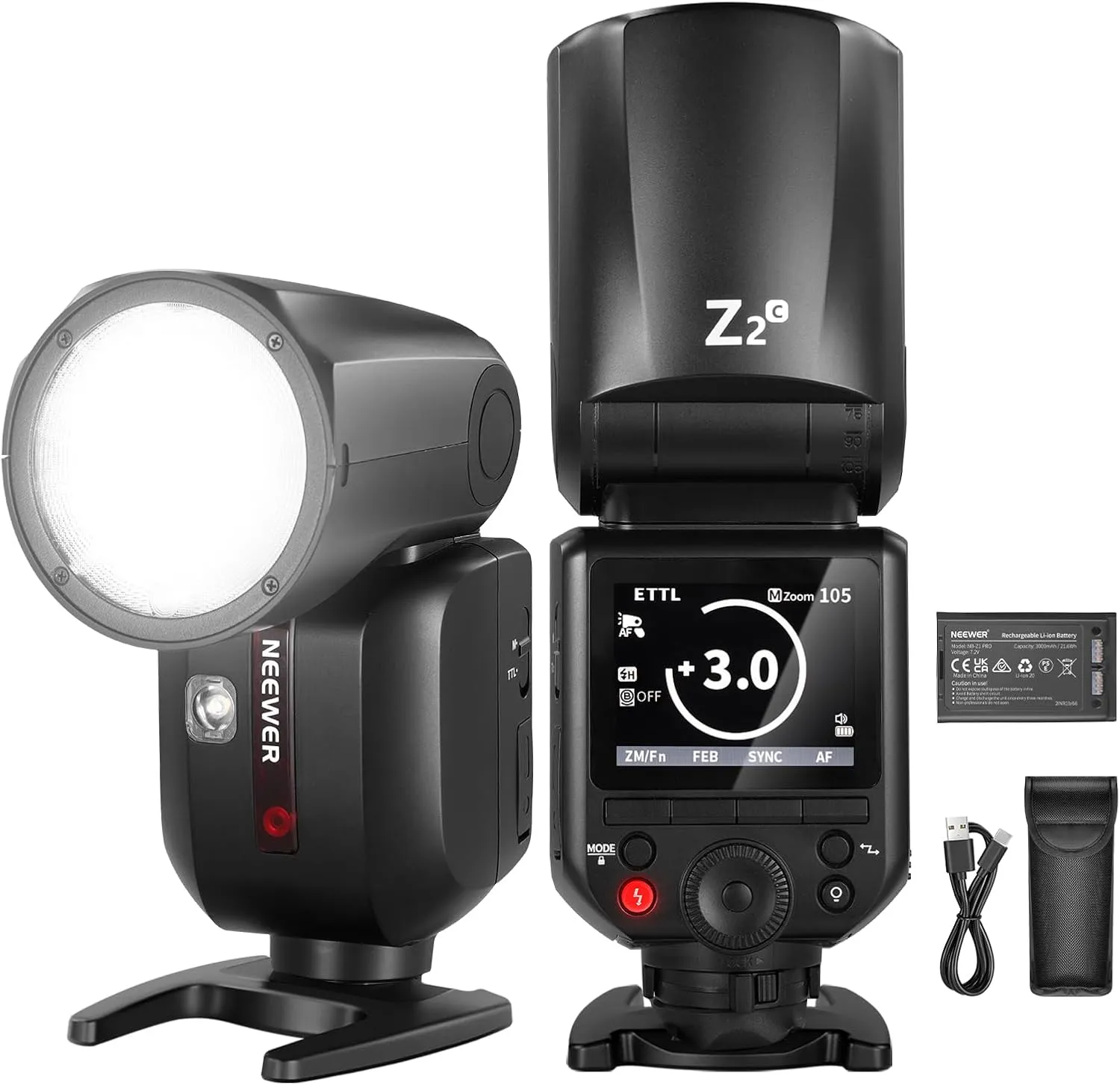 NEEWER Z2-C 2.4G TTL Round Head Flash Speedlite Compatible with Canon, 76Ws 1/8000s HSS Flash with Upgraded UI, 2 Modeling Lamps, TTL/M Quick TCM Switch, 7.2V/3000mAh Battery, 600 Full Power Flash