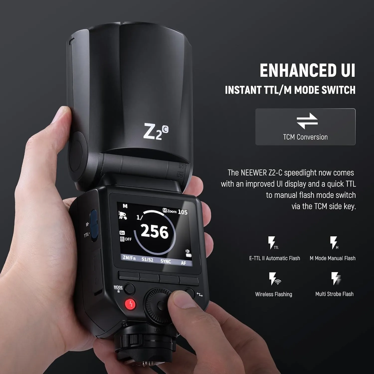 NEEWER Z2-C 2.4G TTL Round Head Flash Speedlite Compatible with Canon, 76Ws 1/8000s HSS Flash with Upgraded UI, 2 Modeling Lamps, TTL/M Quick TCM Switch, 7.2V/3000mAh Battery, 600 Full Power Flash