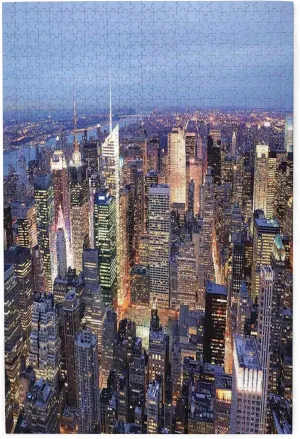 New York Theme,Puzzle Board,Portable Wooden Jigsaw Puzzle for Adults,View of NYC Full,Birthday Gift for Family and Friends,Blue Plastic Box Storage 1000PCS