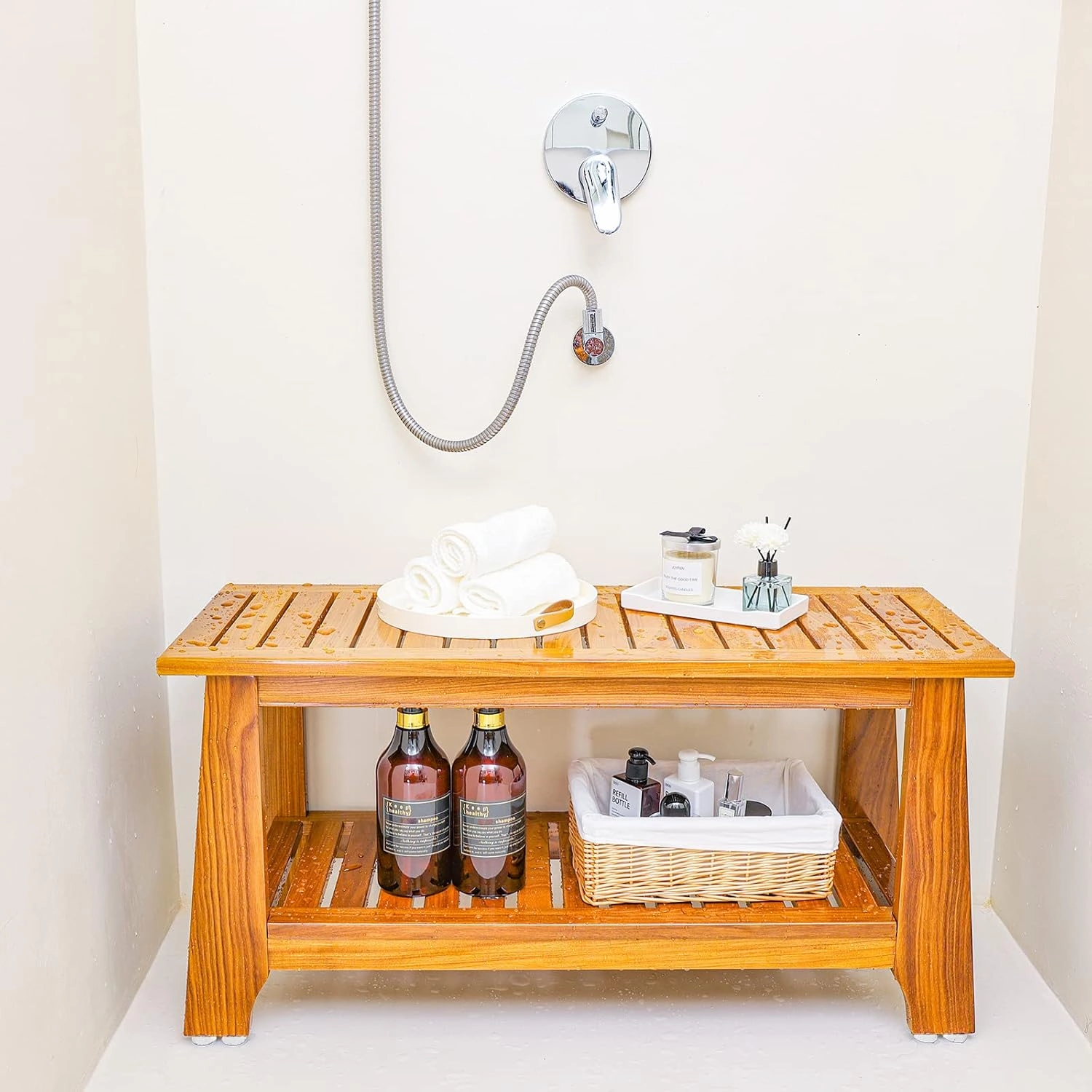 NNN 24" Commercial Teak Shower Bench - 8 Non-Slip Leveling Feet & 350 lbs Capacity | Rock-Solid Stability for Seniors & Spa Safety | Waterproof Design for Saunas/Outdoor Pools (Patented)