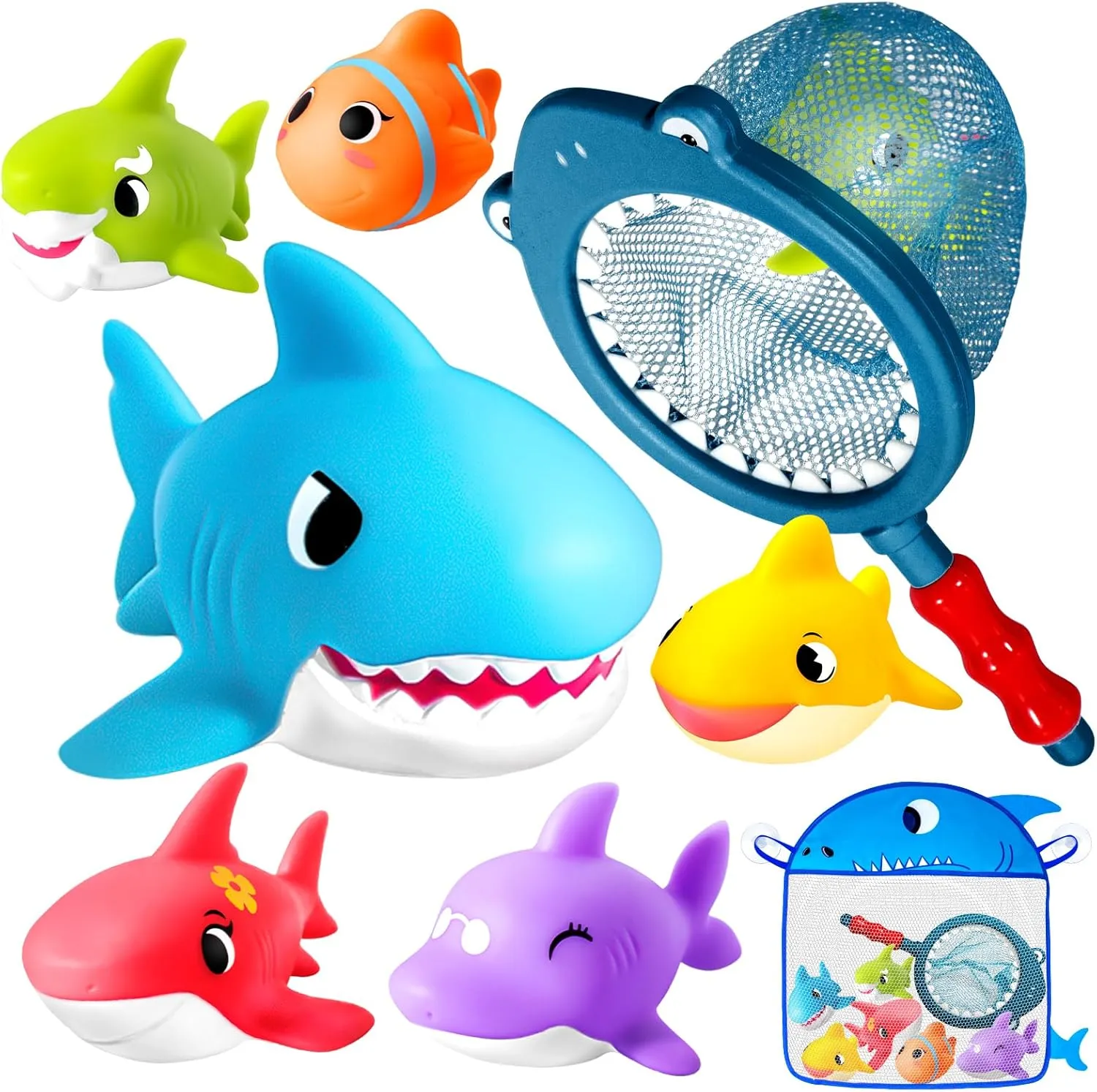 No Hole Baby Bath Toys - Shark Bath Toys Set with Bath Net & Storage - Floating Toys for Water Pool Shower
