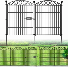 No Dig Decorative Garden Fence 6 Panel with Gate - 30in H x 11.8ft L, Tall Animal Barrier for Dogs Rabbits, Rustproof Metal Wire Panels for Yard, Patio, and Outdoor Border Use
