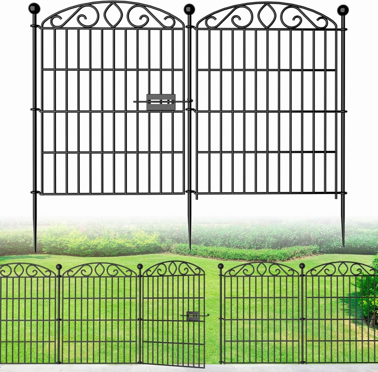 No Dig Decorative Garden Fence 6 Panel with Gate - 30in H x 11.8ft L, Tall Animal Barrier for Dogs Rabbits, Rustproof Metal Wire Panels for Yard, Patio, and Outdoor Border Use