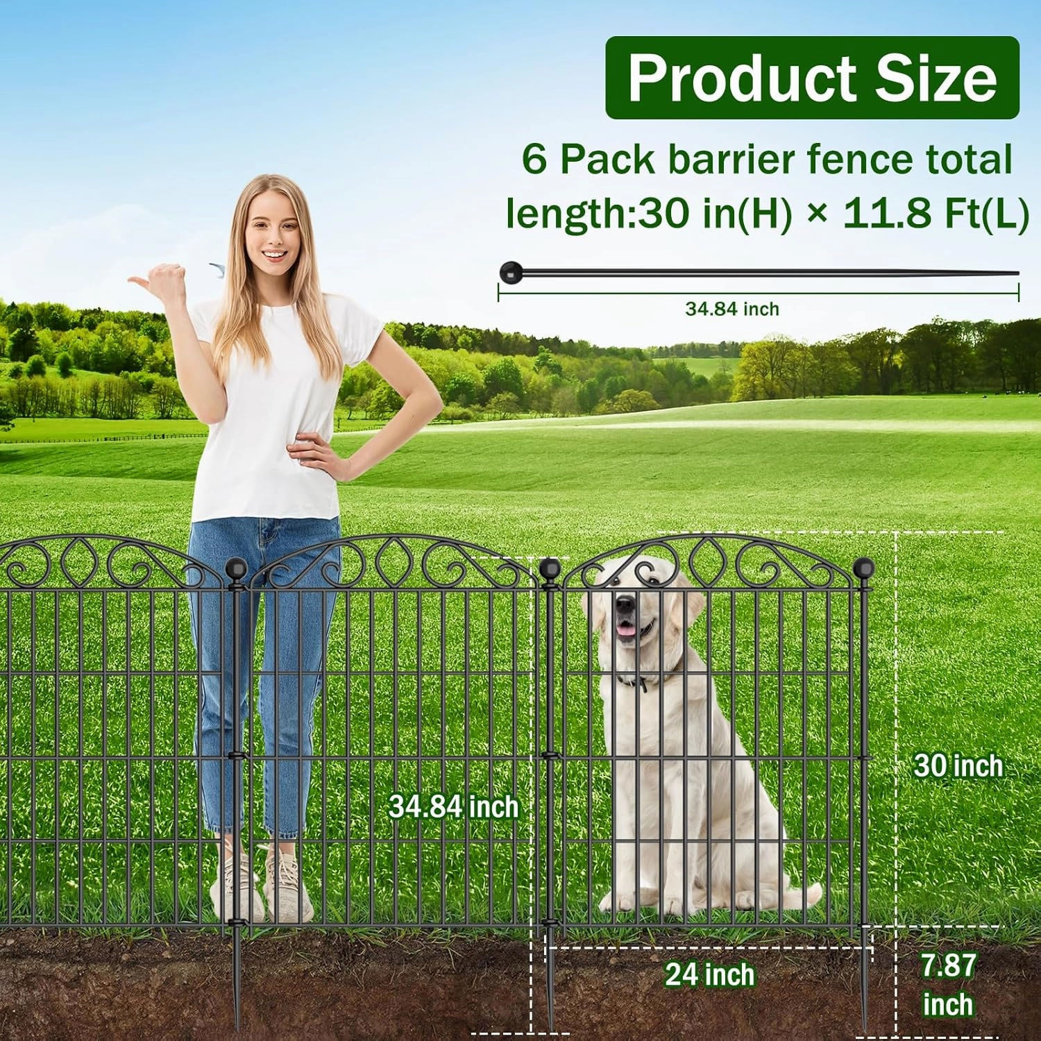 No Dig Decorative Garden Fence 6 Panel with Gate - 30in H x 11.8ft L, Tall Animal Barrier for Dogs Rabbits, Rustproof Metal Wire Panels for Yard, Patio, and Outdoor Border Use