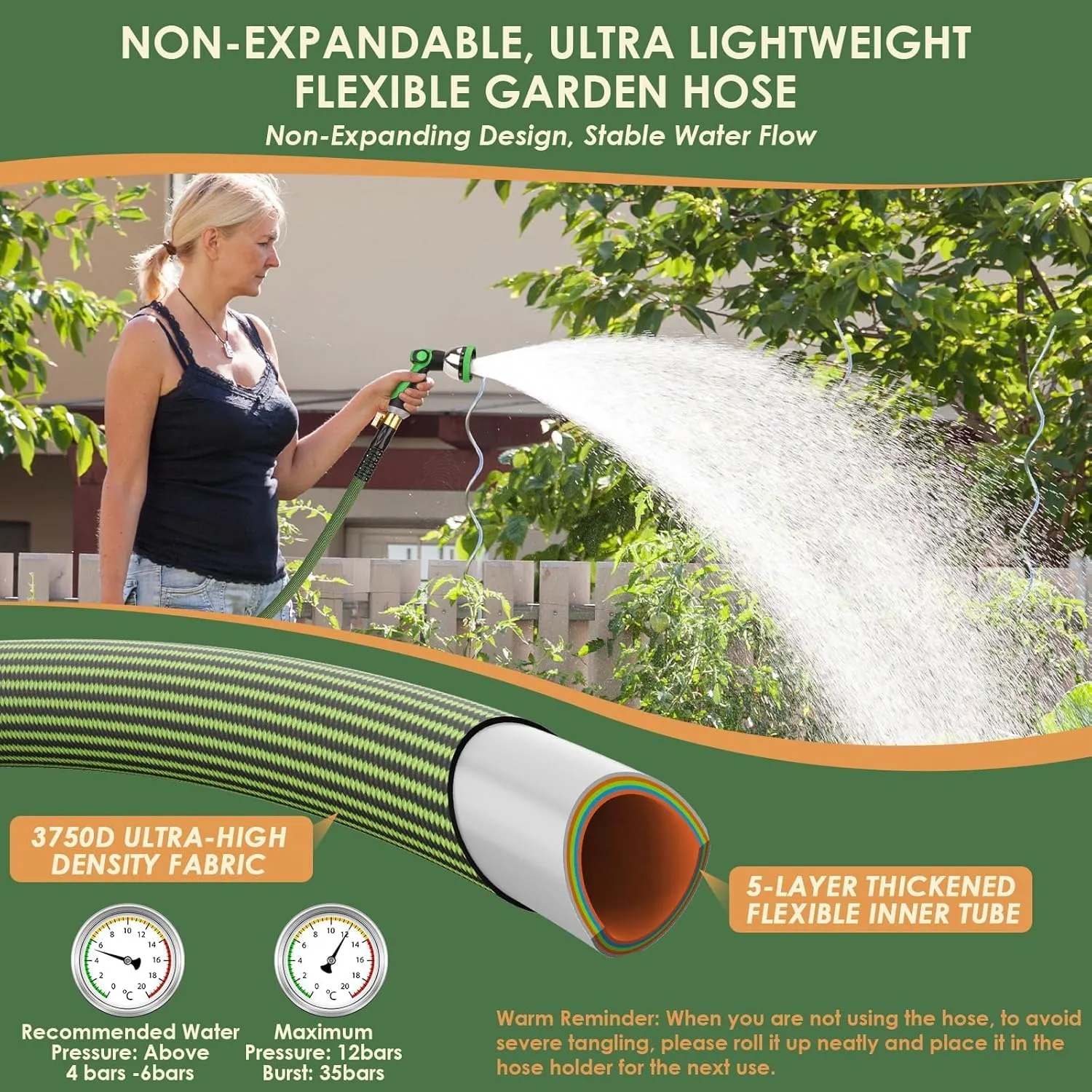 Non-Expandable Garden Hose 150 ft, Ultra Lightweight Flexible Water Hose with 10-Pattern Nozzle, Kink-Resistant, Leak-Proof, High-Density Fabric, Thickened Connector, Shut-Off Valve & Holder