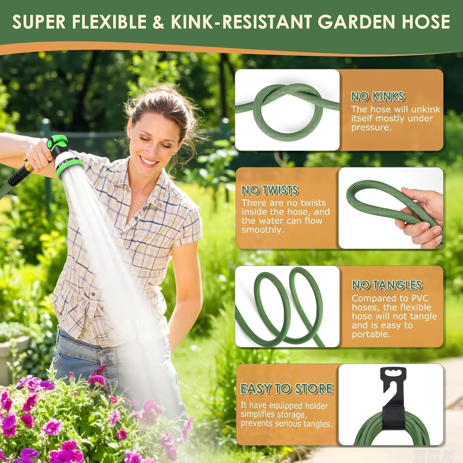 Non-Expandable Garden Hose 150 ft, Ultra Lightweight Flexible Water Hose with 10-Pattern Nozzle, Kink-Resistant, Leak-Proof, High-Density Fabric, Thickened Connector, Shut-Off Valve & Holder