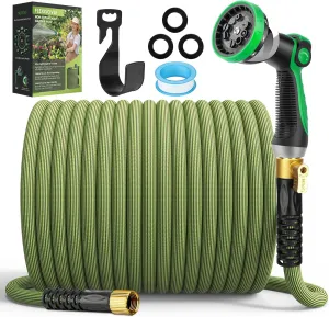 Non-Expandable Garden Hose 150 ft, Ultra Lightweight Flexible Water Hose with 10-Pattern Nozzle, Kink-Resistant, Leak-Proof, High-Density Fabric, Thickened Connector, Shut-Off Valve & Holder