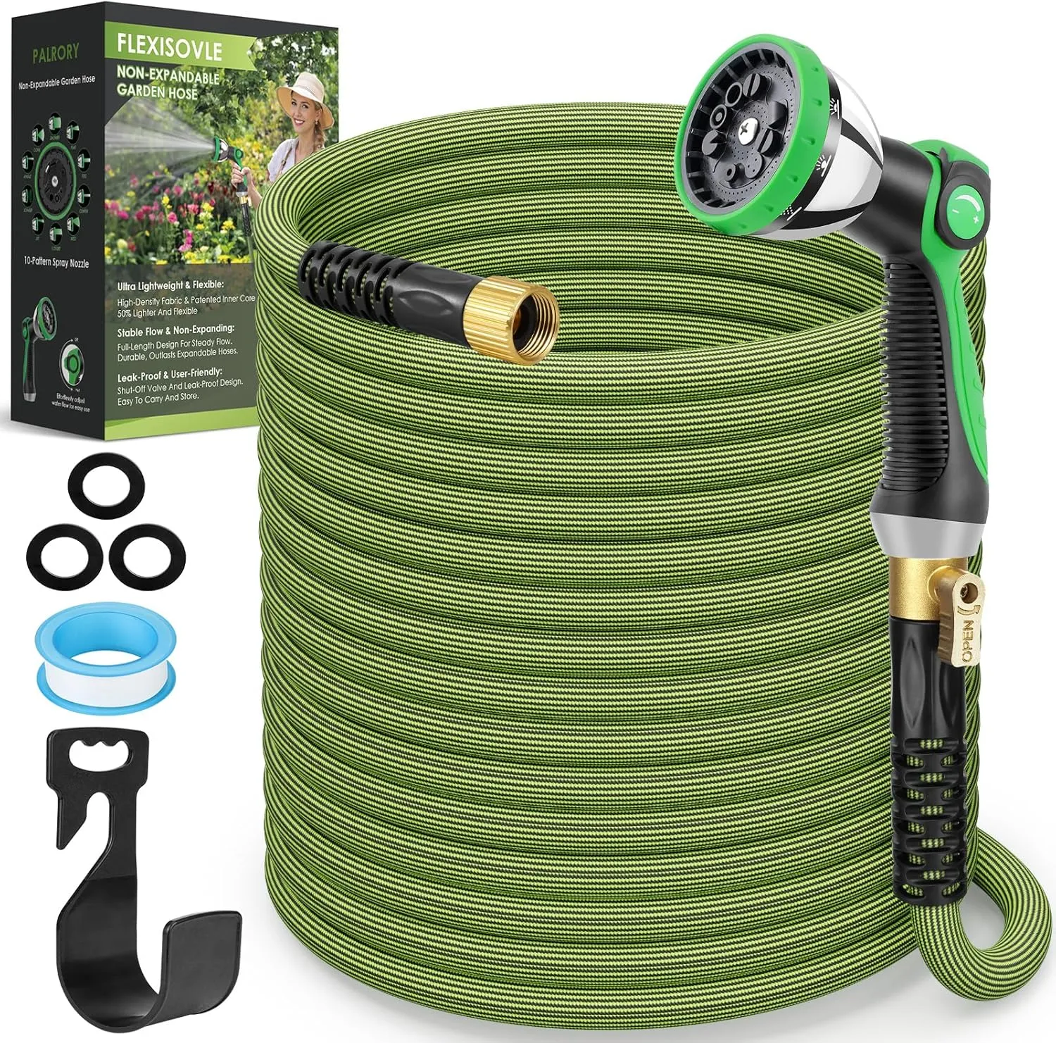 Non-Expandable Garden Hose 150 ft, Ultra Lightweight Flexible Water Hose with 10-Pattern Nozzle, Kink-Resistant, Leak-Proof, High-Density Fabric, Thickened Connector, Shut-Off Valve & Holder