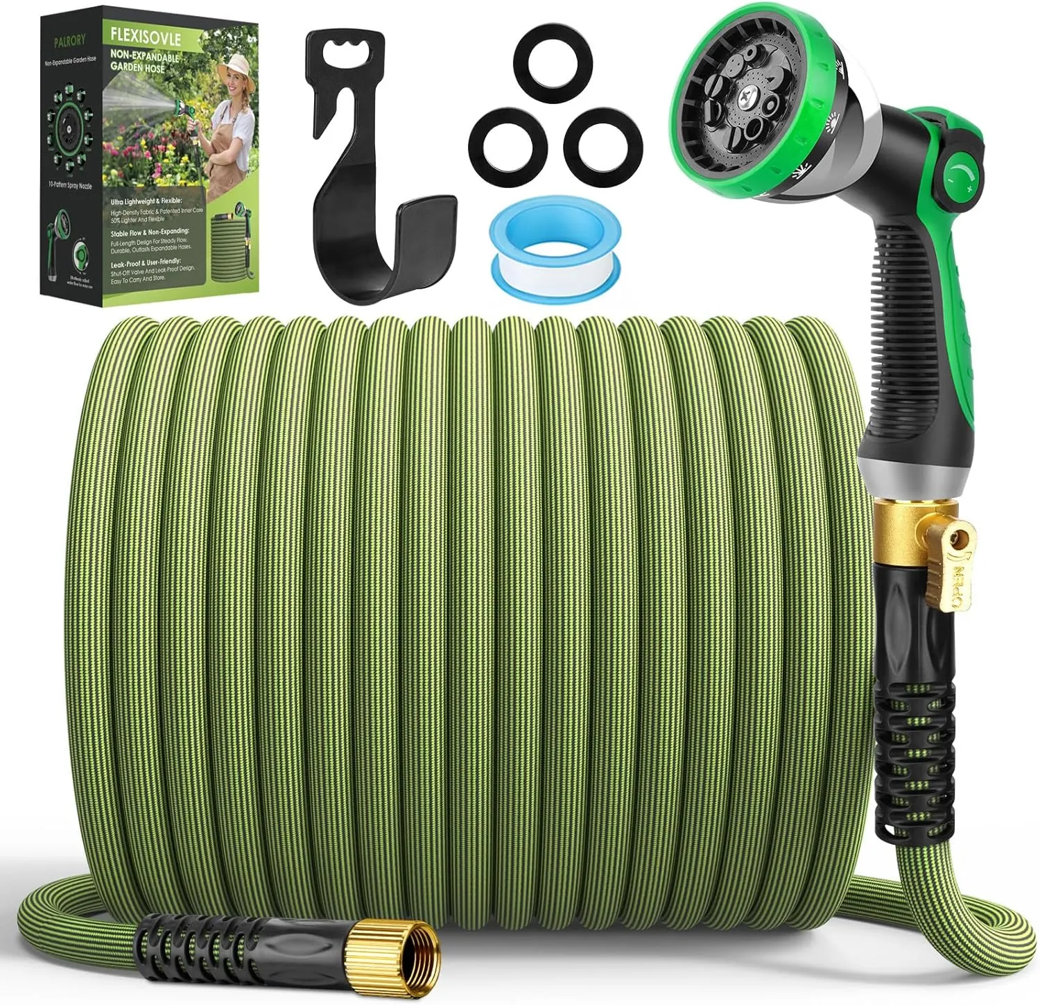 Non-Expandable Garden Hose 150 ft, Ultra Lightweight Flexible Water Hose with 10-Pattern Nozzle, Kink-Resistant, Leak-Proof, High-Density Fabric, Thickened Connector, Shut-Off Valve & Holder