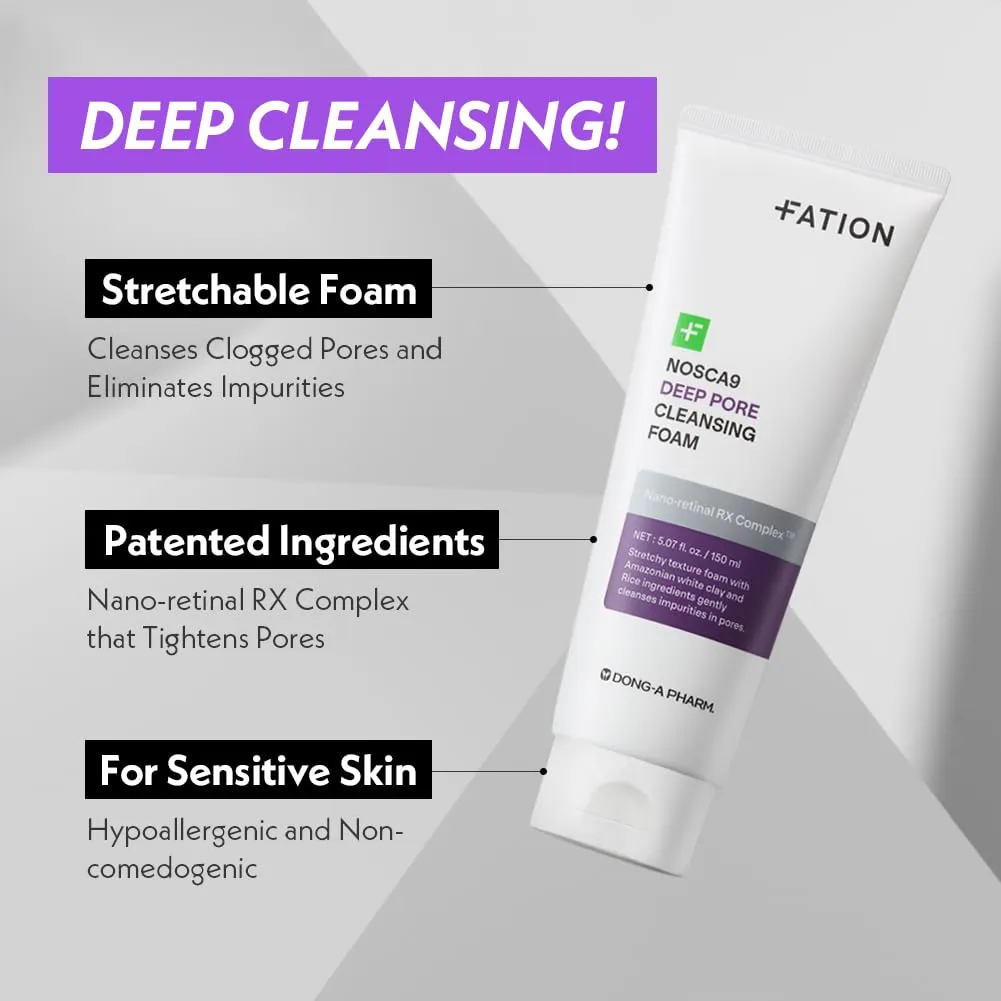 Nosca9 Deep Pore Cleansing Foam for Sensitive Skin | Korean Skincare Face Wash with 17 Amino Acids, White Clay & Patented Pore-Shrinking Ingredient | Deep Cleansing & Moisturizing (5.07 fl. oz)