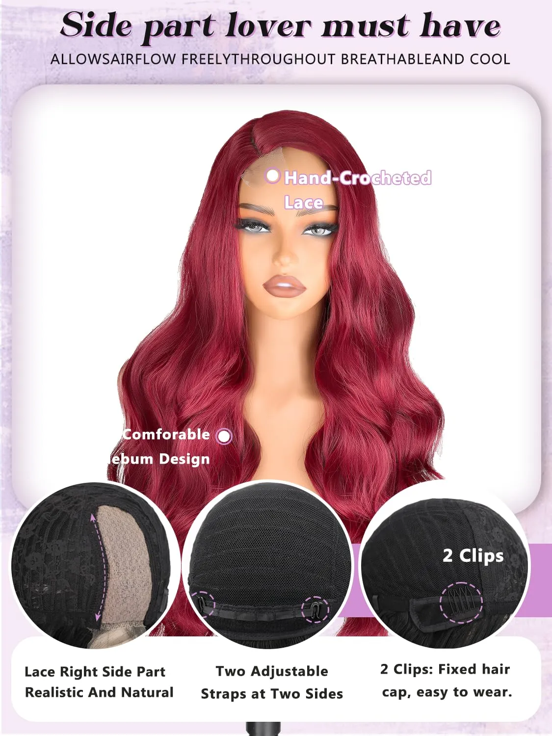 NOSTALGIA 99j Burgundy Wig Glueless Long Wavy Red Wigs for Women 28 Inch Curly Wig Side Part Wine Red Colored Wigs for Daily PartyUse