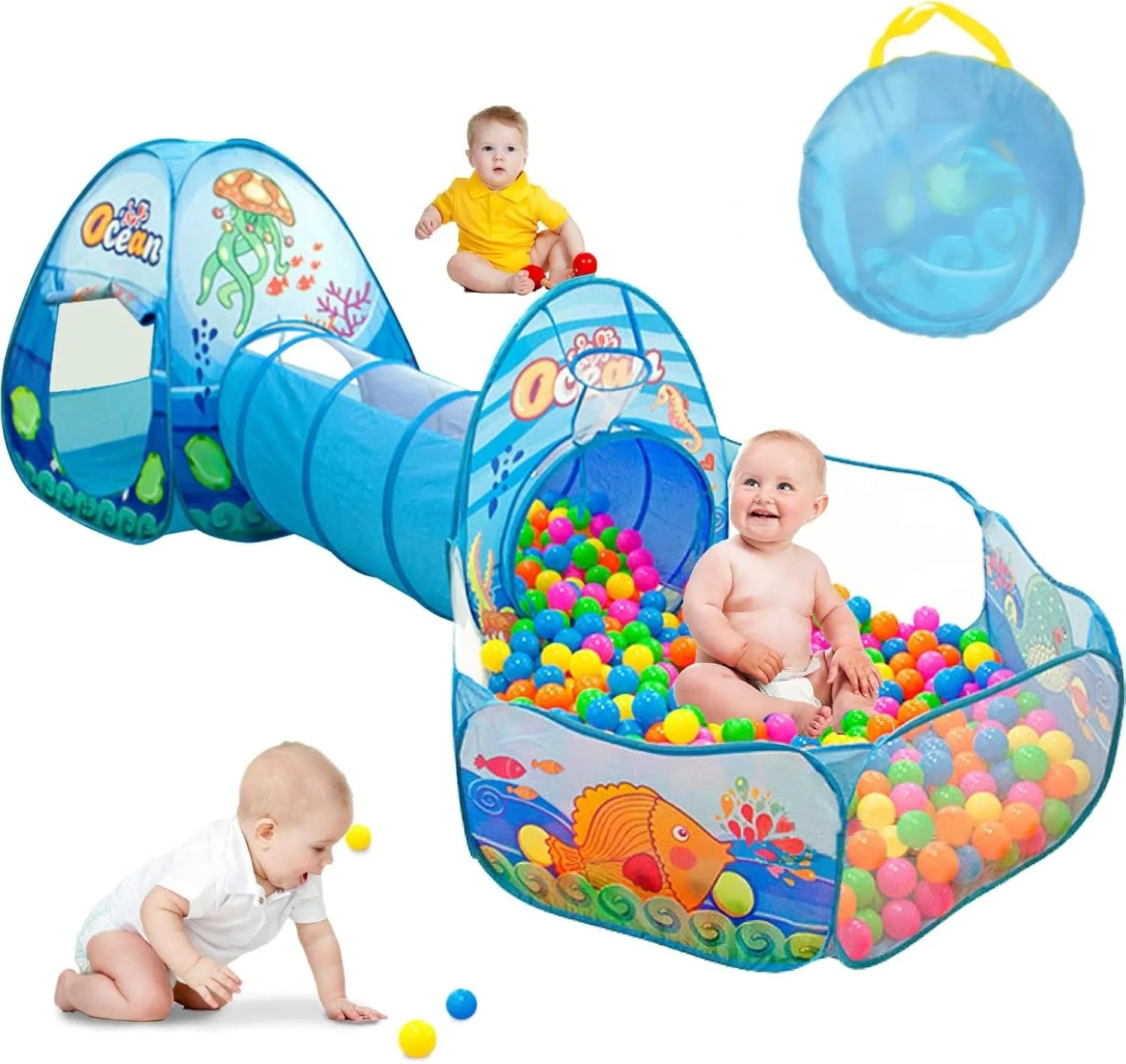 Ocean-Themed 3-in-1 Kids Play Tent With Tunnel & Ball Pit