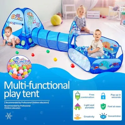 Ocean-Themed 3-in-1 Kids Play Tent With Tunnel & Ball Pit