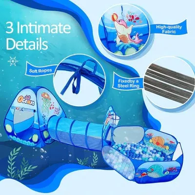 Ocean-Themed 3-in-1 Kids Play Tent With Tunnel & Ball Pit