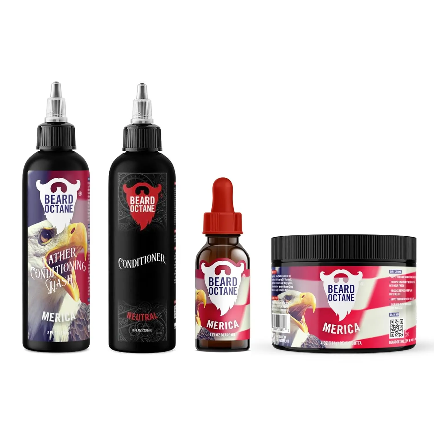 Octane Total Grooming Kit - Beard Wash, Conditioner, Oil and Butter - Premium All Natural Beard Care with Jojoba (Merica - Cedar, Apples & Leather)