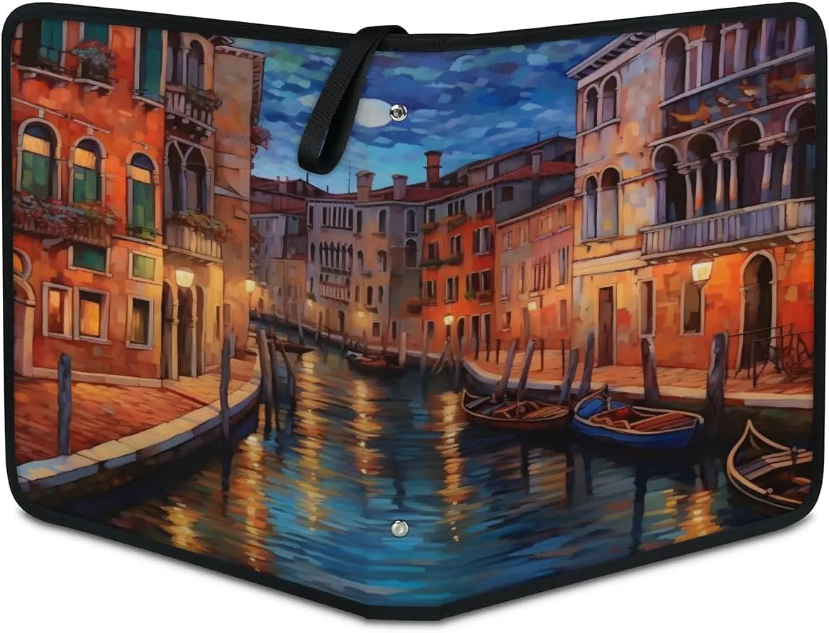 Oil Painting City 3 Ring Trading Zipper Binder Strap, Trading Card Binder 4 Pocket, 400 Pockets Card Holder with 50 Removable Sleeves for Game Cards