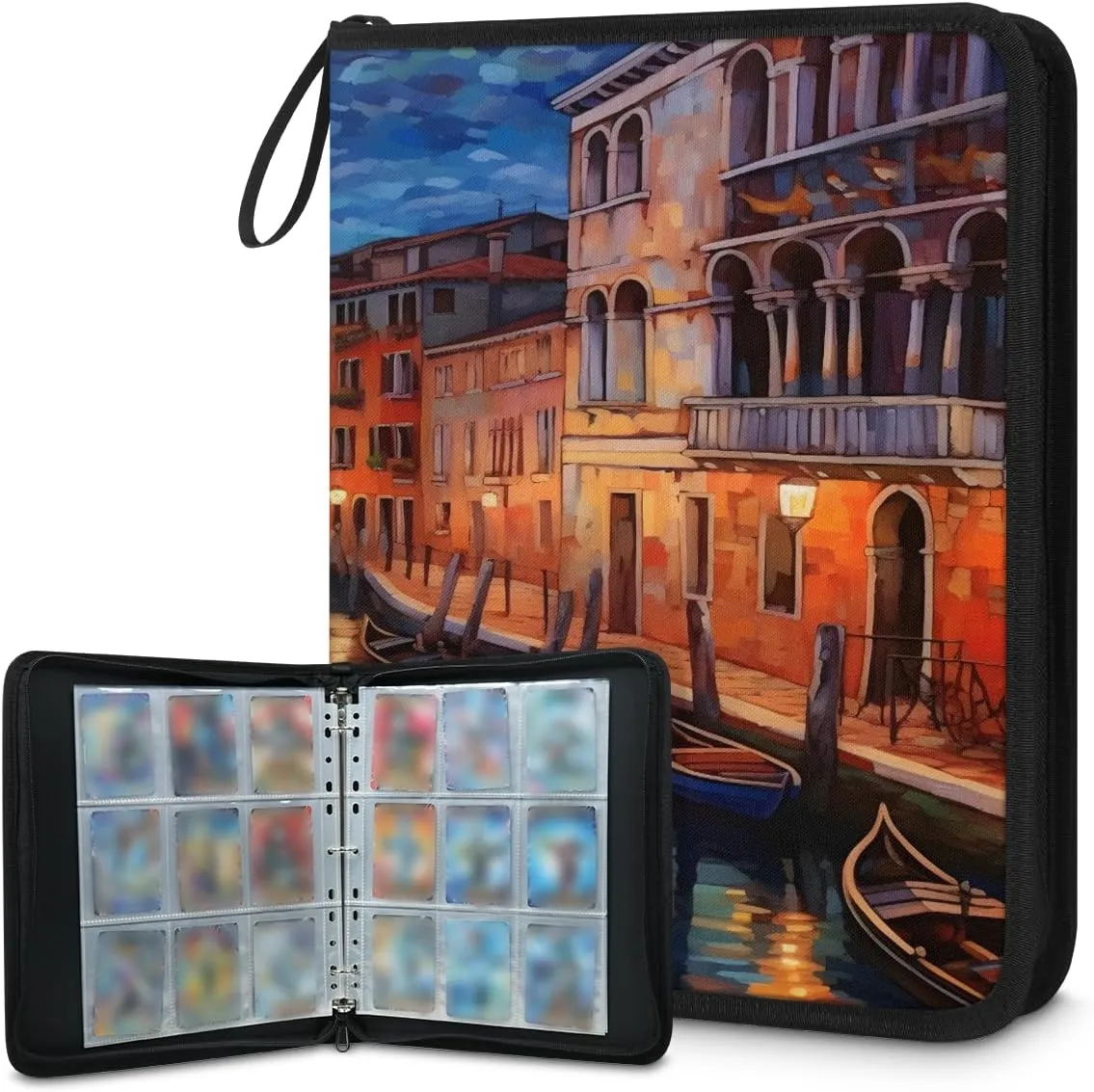 Oil Painting City 3 Ring Trading Zipper Binder Strap, Trading Card Binder 4 Pocket, 400 Pockets Card Holder with 50 Removable Sleeves for Game Cards