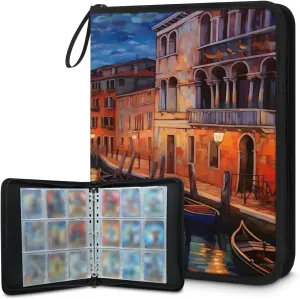 Oil Painting City 3 Ring Trading Zipper Binder Strap, Trading Card Binder 4 Pocket, 400 Pockets Card Holder with 50 Removable Sleeves for Game Cards