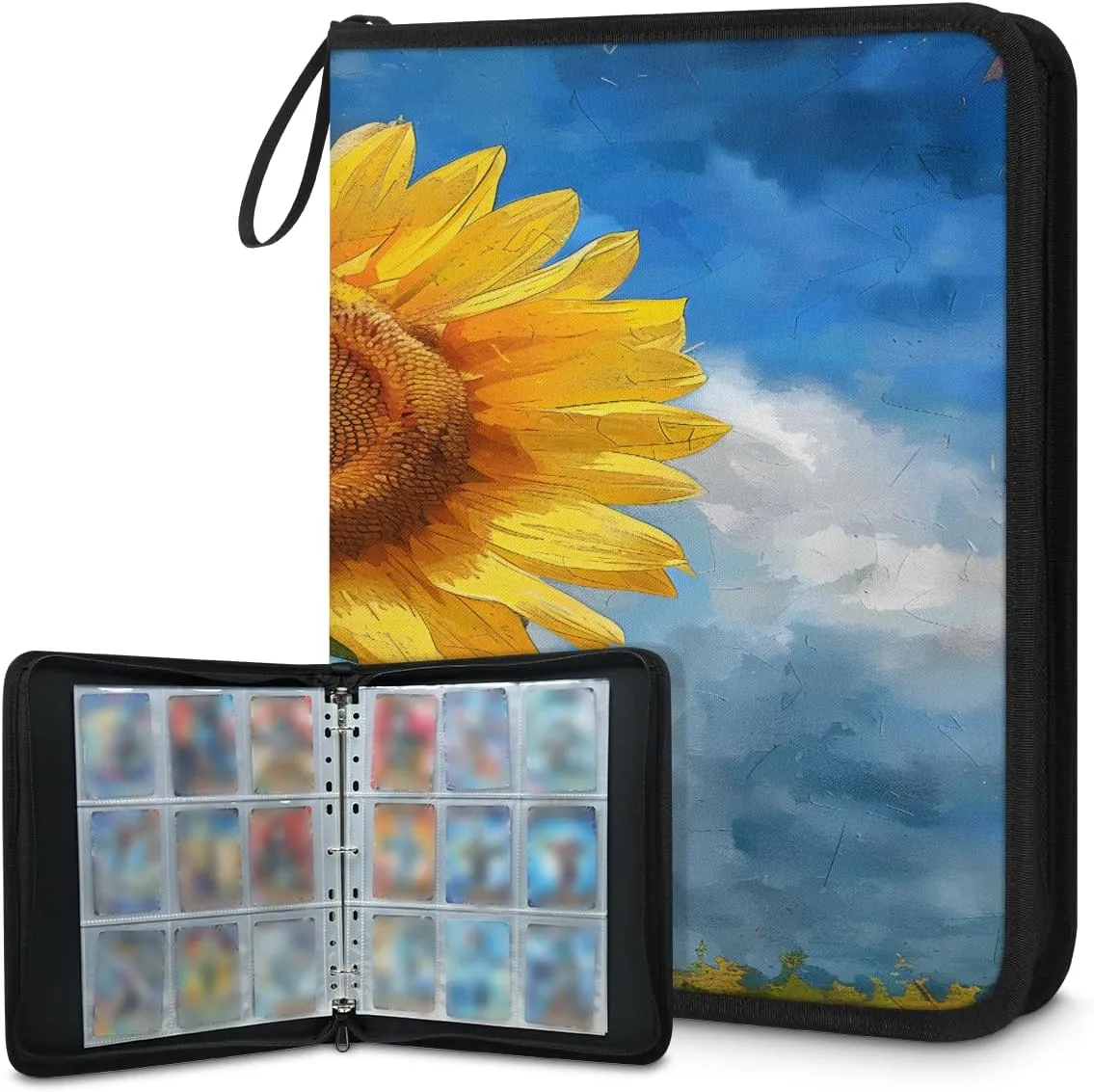 Oil Painting Sunflower 3 Ring Trading Zipper Binder Strap, Trading Card Binder 4 Pocket, 400 Pockets Card Holder with 50 Removable Sleeves for Game Cards