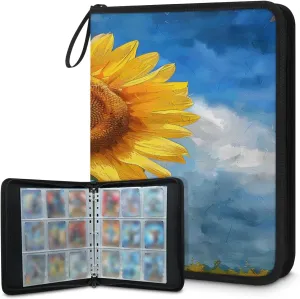 Oil Painting Sunflower 3 Ring Trading Zipper Binder Strap, Trading Card Binder 4 Pocket, 400 Pockets Card Holder with 50 Removable Sleeves for Game Cards