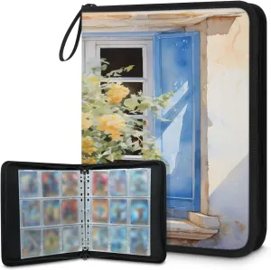 Oil Painting Window 3 Ring Trading Zipper Binder Strap, Trading Card Binder 9 Pocket, 900 Pockets Card Holder with 50 Removable Sleeves for Game Cards