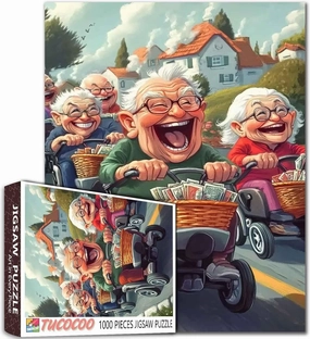 Old Friends Dating Together 1000 Piece Jigsaw Puzzles for Adults Old Man Riding Bike Painting Jigsaw Puzzle Happiness Elder 1000 Pieces Puzzles Game Home Wall Decor DIY Craft Puzzle Art Gift(Colorful)